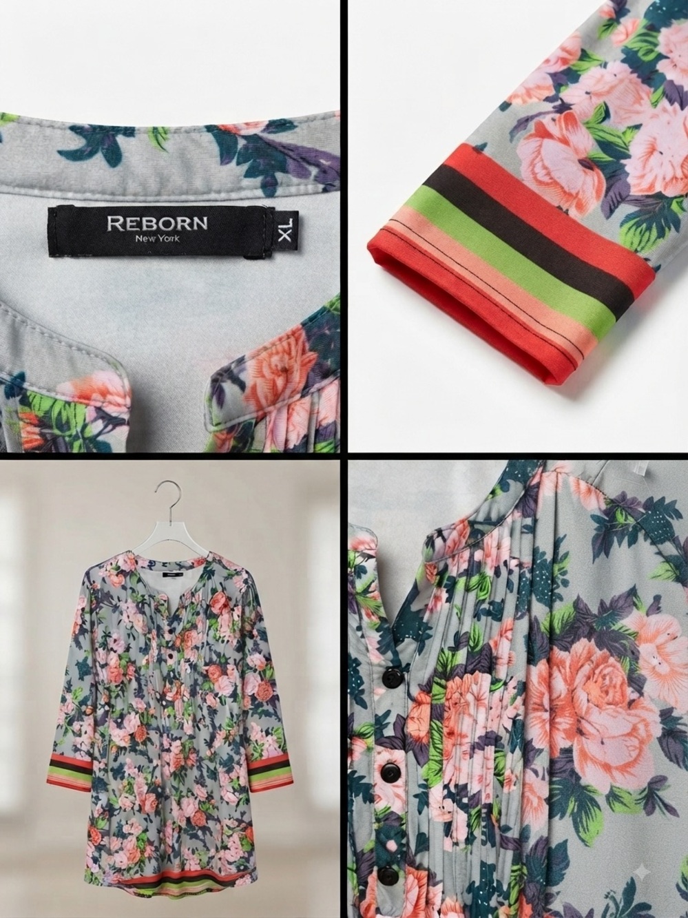 Reborn Floral Pleated Tunic in Gray with Pink Roses